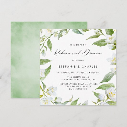 Waterverf Jasmine en Greenery Rehearsal Dinner Kaart (Voorkant / Achterkant)