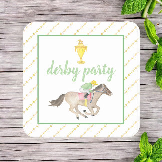 Waterverf Jockey Derby Party Paardenrace Goud Vierkante Kartonnen Onderzetter