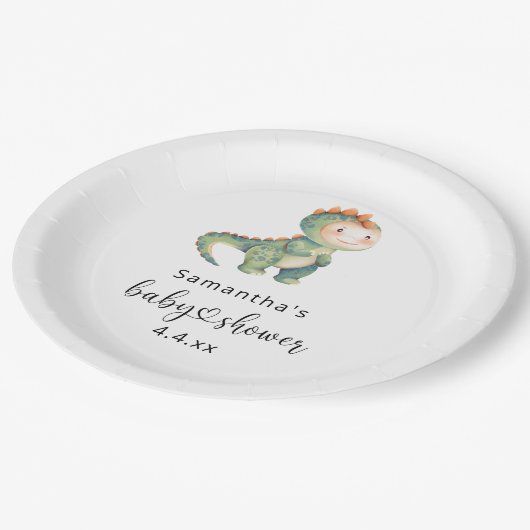 Waterverf jongen dinosaurus baby shower papieren bordje (Gekanteld)