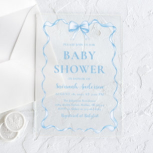 Waterverf Jongen Lint Stoffig Blauw Boog Baby show Acryl Uitnodigingen