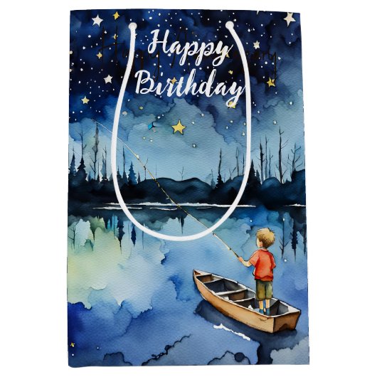 Waterverf jongen Vist in roeiboot Medium Cadeauzakje (Voorkant)