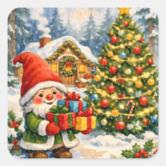 Waterverf Kabouter en Kerstboom Vierkante Sticker