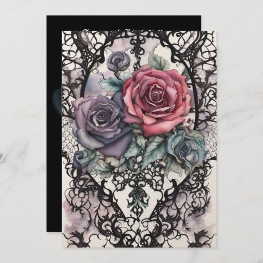Waterverf Kant en Rozen Gotische Elegantie Bruilof Kaart (Voorkant / Achterkant)