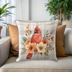 Waterverf kardinaal met Herfst Flowers & Plaid Kussen