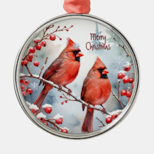 Waterverf Kardinaal Rode Vogel Winterbos Metalen Ornament