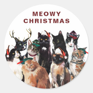  Waterverf Kat Clowder Meowy Kerstmis Ronde Sticker