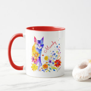 Waterverf Kat en Bloemen Gepersonaliseerd Mok