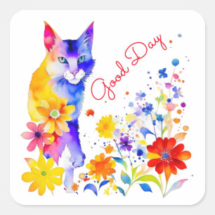 Waterverf Kat en Bloemen Gepersonaliseerde Goede D Vierkante Sticker