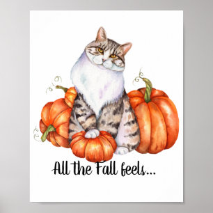 Waterverf Kat en pompoenen Herfst Poster
