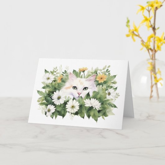 Waterverf kat in madeliefjes kaart (Gele Bloem)
