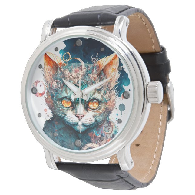 Waterverf kat in steampunk horloge (Gekanteld)