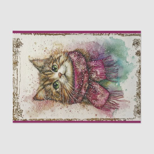 Waterverf kat, magenta sjaal, sneeuw BZ1 decoupage Tissuepapier (Voorkant)