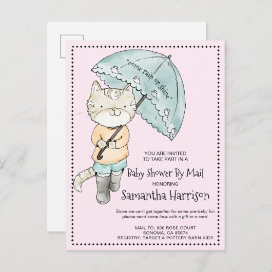 Waterverf Kat met overkoepelend Baby shower per po Uitnodiging Briefkaart (Voorkant / Achterkant)
