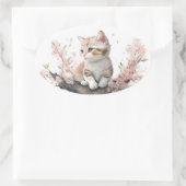Waterverf Kat met roze bloemen Ovale Sticker (Tas)