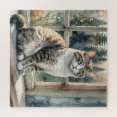 Waterverf Kat Zittend op Venster Ledge Puzzel (Horizontaal)