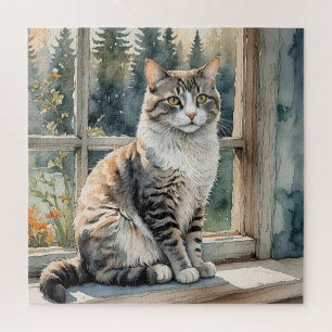 Waterverf Kat Zittend op Venster Ledge Puzzel