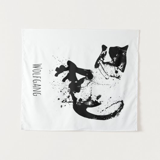 Waterverf Kat, zwarte kat, minimaal, zwart en wit Wandkleed (Voorkant (horizontaal))