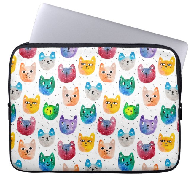 Waterverf katten en vrienden laptop sleeve (Voorkant)