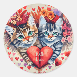 Waterverf katten met hart ronde sticker