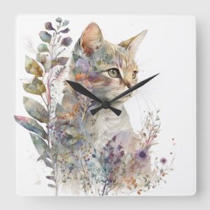 WATERVERF KATTENGEZICHT EN BLOEMEN VIERKANTE KLOK