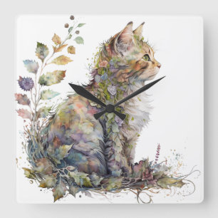 WATERVERF KATTENGEZICHT EN  BLOEMEN VIERKANTE KLOK