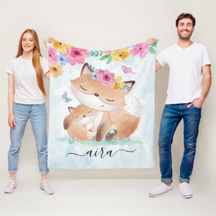 Waterverf Kawaii Fox met bloemen en eigen naam Fleece Deken