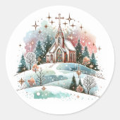 Waterverf kerk op een winterse kerstdag ronde sticker (Voorkant)