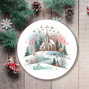Waterverf kerk op een winterse kerstdag ronde sticker