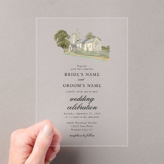Waterverf Kerk Traditioneel Monogram Huwelijk Acryl Uitnodigingen (Insitu (Draagbaar))