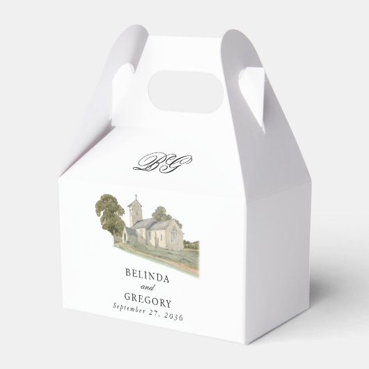 Waterverf Kerk Traditioneel Monogram Huwelijk Bedankdoosjes (Voorkant Zijde)