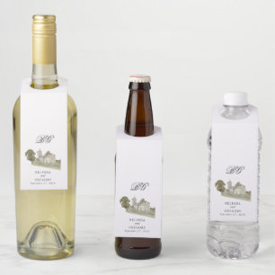 Waterverf Kerk Traditioneel Monogram Huwelijk Flessenhanger