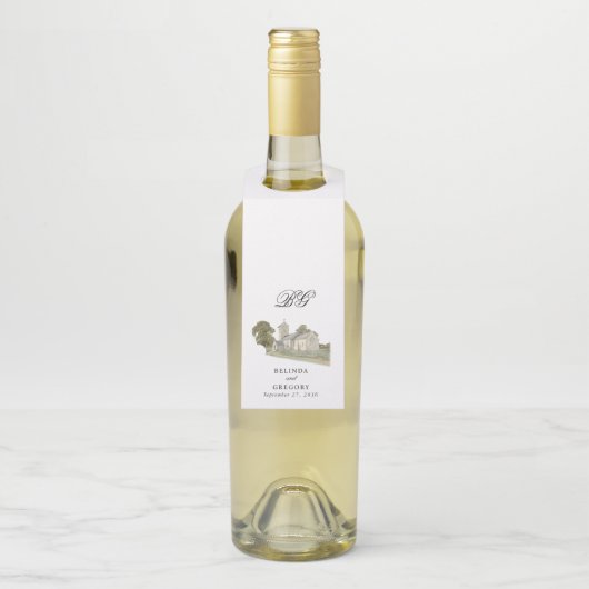 Waterverf Kerk Traditioneel Monogram Huwelijk Flessenhanger (Op fles)
