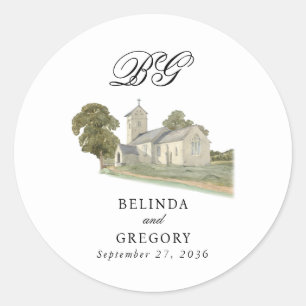 Waterverf Kerk Traditioneel Monogram Huwelijk Ronde Sticker