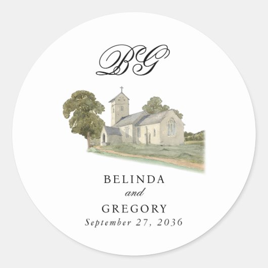 Waterverf Kerk Traditioneel Monogram Huwelijk Ronde Sticker (Voorkant)