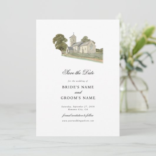 Waterverf Kerk Traditioneel Monogram Huwelijk Save The Date (Staand voorkant)