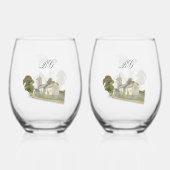 Waterverf Kerk Traditioneel Monogram Huwelijk Wijnglas Zonder Voet (Achterkant)