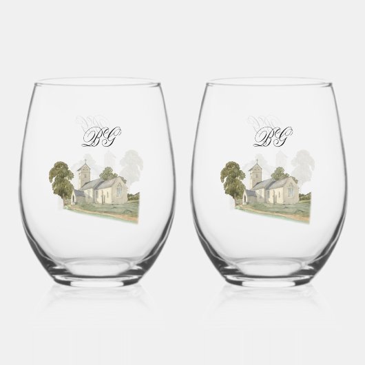 Waterverf Kerk Traditioneel Monogram Huwelijk Wijnglas Zonder Voet (Voorkant)