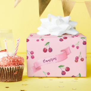 Waterverf Kersen Schattige Girly Pink Gepersonalis Cadeaupapier