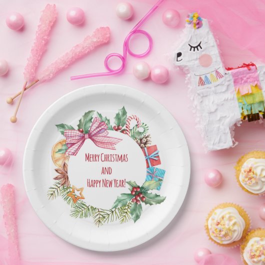 Waterverf Kerst Bloemen krans | FEESTDAGEN Papieren Bordje (Feest)