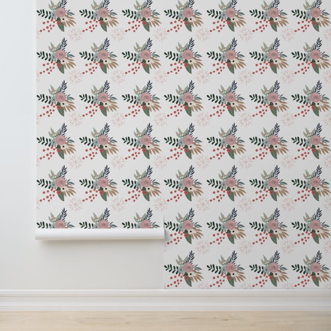 Waterverf Kerst Bloemen Roze en Groen Behang (Applicatie)