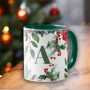 Waterverf Kerst bloemenelegant groen monogram Mok