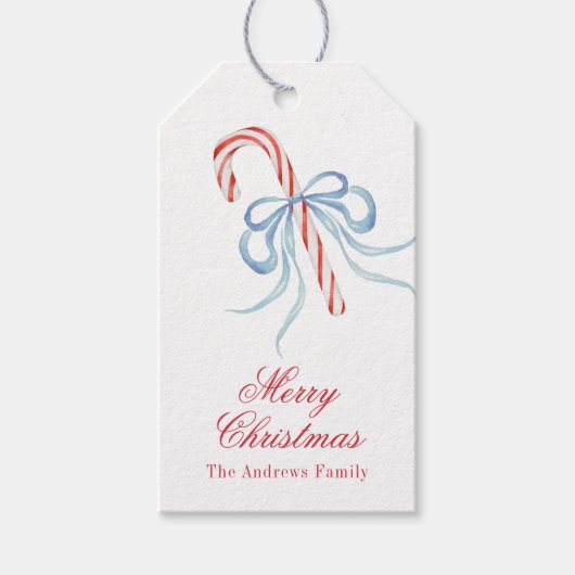 Waterverf Kerst Bow Candy Cane Cadeaulabel (Voorkant)