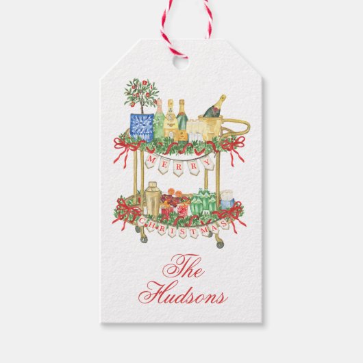 Waterverf Kerst Champagne Bar Winkelwagen Cadeaulabel (Voorkant)