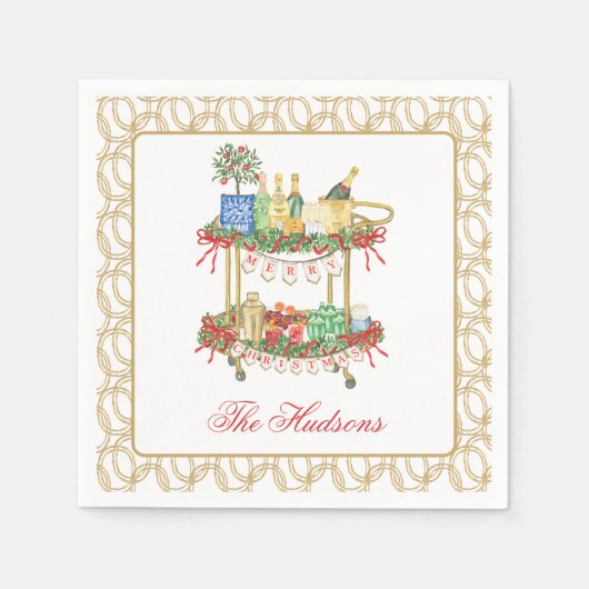 Waterverf Kerst Champagne Bar Winkelwagen Servet (Voorkant)