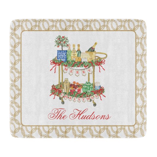 Waterverf Kerst Champagne Bar Winkelwagen Snijplank (Voorkant)