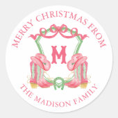 Waterverf Kerst Cowboy Laarzen Monogram Crest Ronde Sticker (Voorkant)