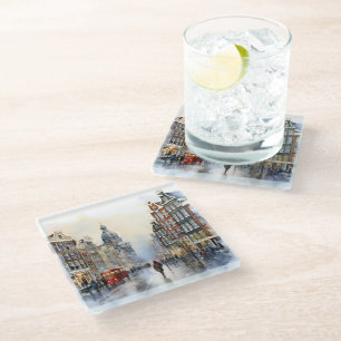 WATERVERF KERST IN DE SNEEUWSCENE GLAZEN ONDERZETTER