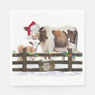 Waterverf Kerst Koeien met Santa Hat Servet