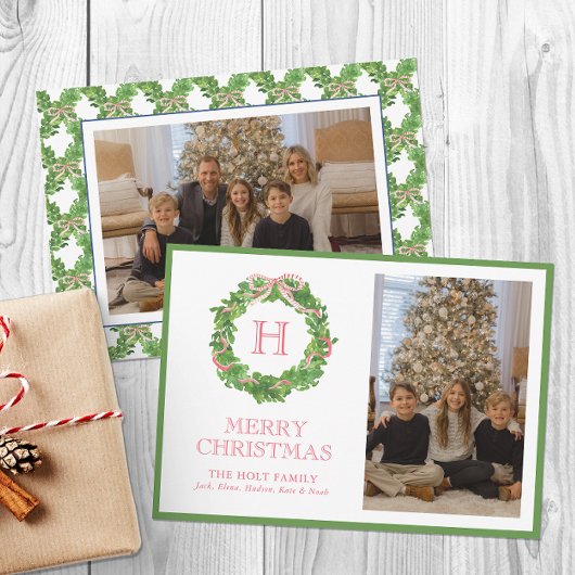 Waterverf Kerst Monogram Bow Krans Foto Feestdagenkaart