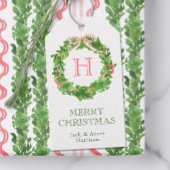 Waterverf Kerst Monogram Gestreepte Bow Krans Cadeaulabel